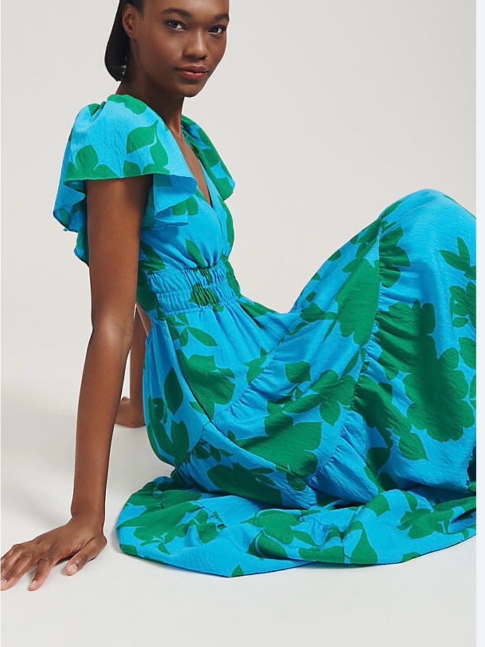 Anthropologie Teal Maxi Dress with Green Floral Print - Picture 2 of 3